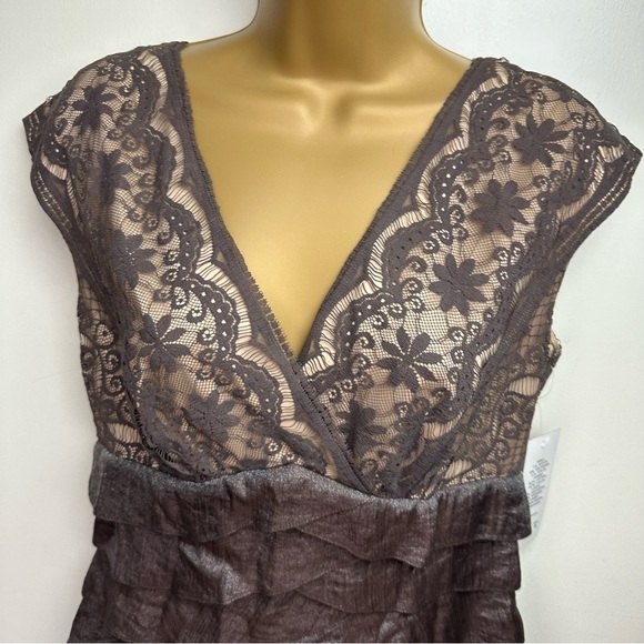 Adrianna Papell Brown Embroidered Floral Overlay Top Shimmer Tiered Dress NWT 6 - Picture 6 of 15